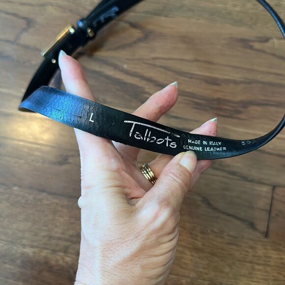 Vtg Talbots thin black leather belt with faux rectangle tortoiseshell buckle - Picture 3 of 6